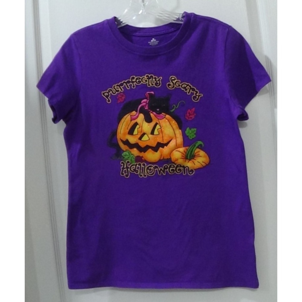 Halloween T-Shirt Size Medium 8-10 Shiny Pumpkin with Black Cat #054